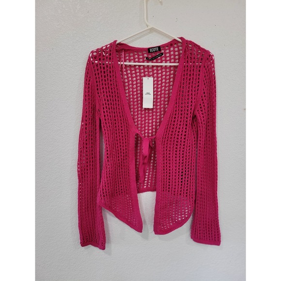 Ecote Urban Outfitters Crochet Cardigan Tie Front Open Knit Hot Pink‎ S #20 - Picture 1 of 6